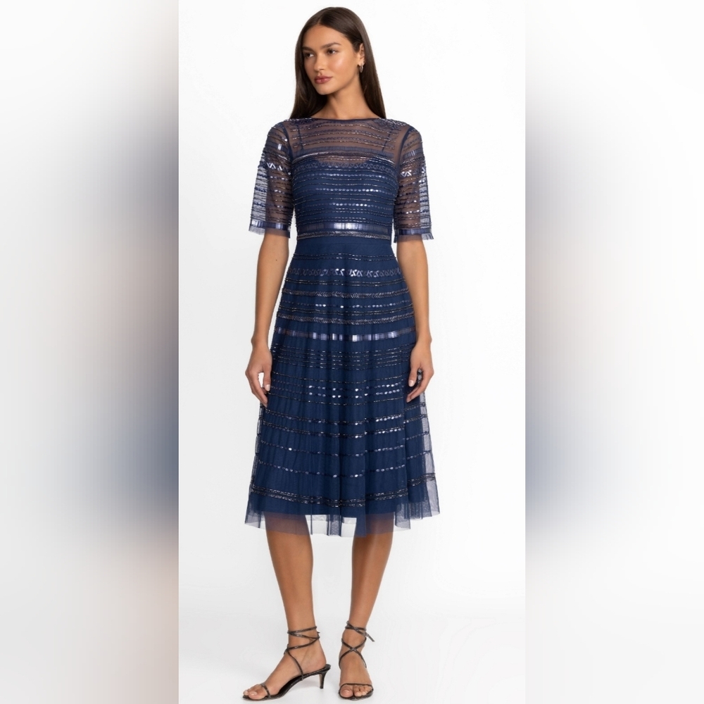 NWT Size 10 Johnny Was Navy & Silver Beaded Sequin Midi Cocktail Dress - Picture 3 of 6